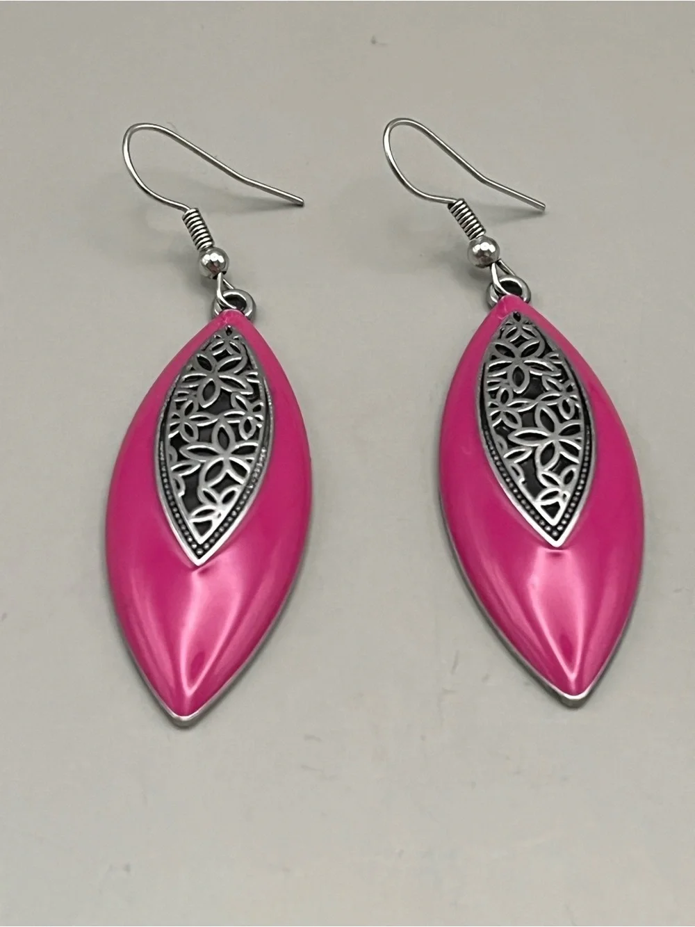 Hot Pink Enamel Marquise Dangle Earrings Silver Filigree Floral Boho Statement